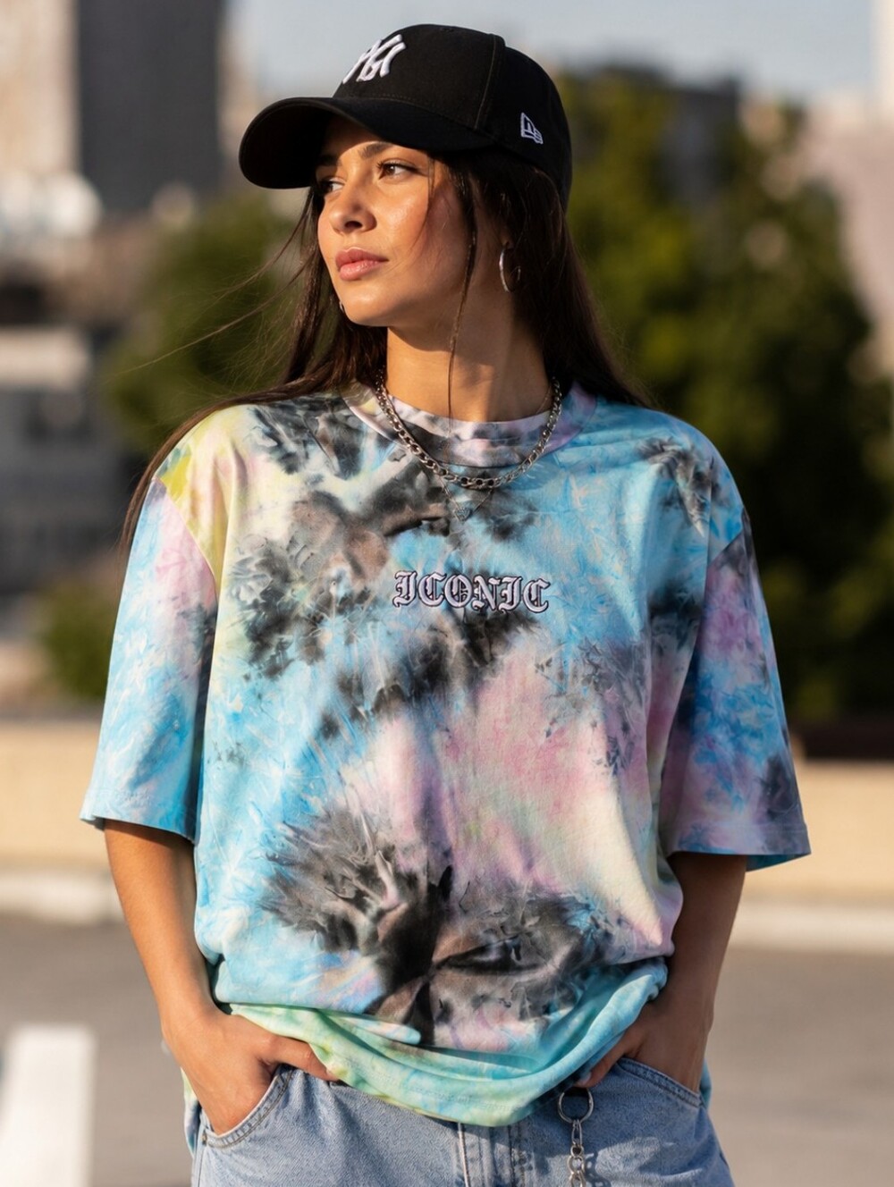 Streetwear Society Tie-Dye "ICONIC" Graphic Tee in Pastel Blues & Pinks